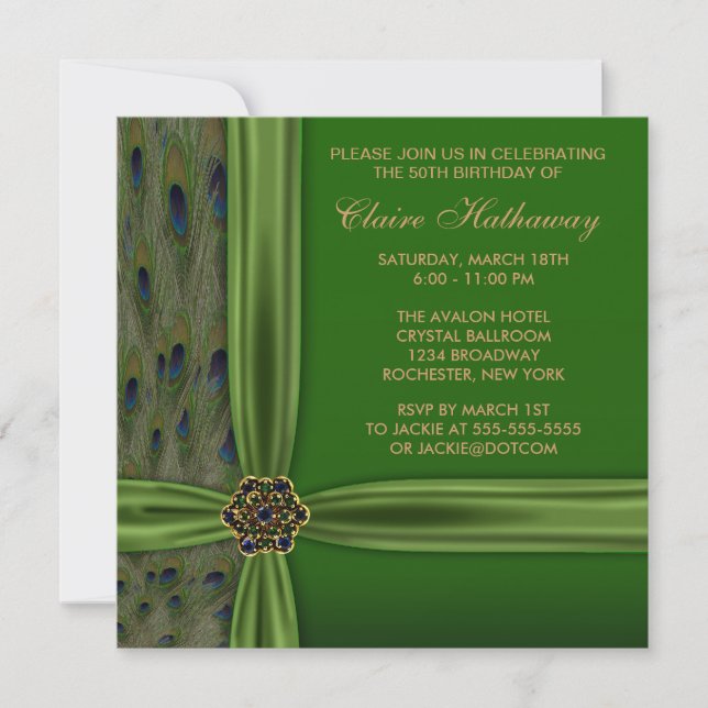 Invitación de cumpleaños número 50 de pavo real de (Anverso)