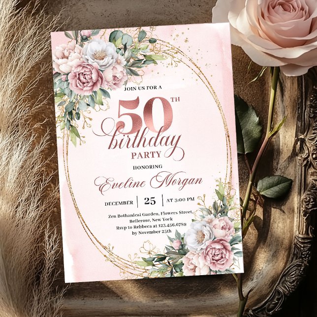 Invitación de cumpleaños número 50 de Rosa Dorado  (Premium Rose Gold Floral 50th Birthday Invitation)