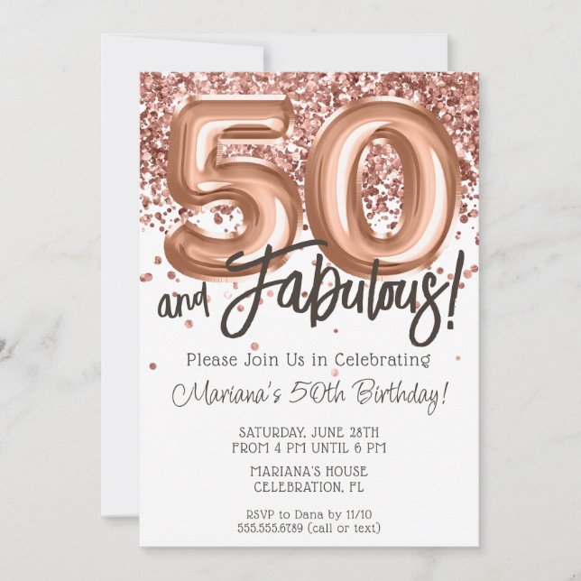 Invitación de cumpleaños número 50 de Rose Gold (Anverso)