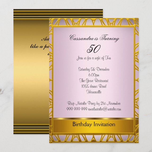 Invitación de cumpleaños número 50 Deco Gold Rosa (Anverso / Reverso)