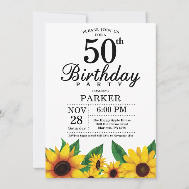 Invitación de cumpleaños número 50 del girasol (Anverso)