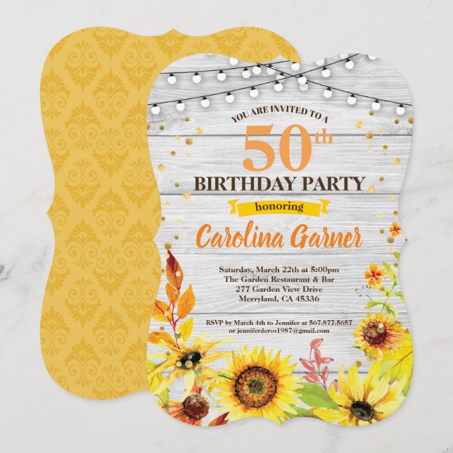 Invitación de cumpleaños número 50 del girasol. Cu (Anverso / Reverso)
