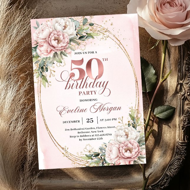 Invitación de cumpleaños número 50 delicada acuare (Delicate Blush Watercolor 50th Birthday Invitation)
