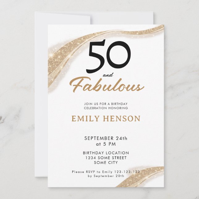 Invitación de cumpleaños número 50 dorada: 50 y fa (Anverso)