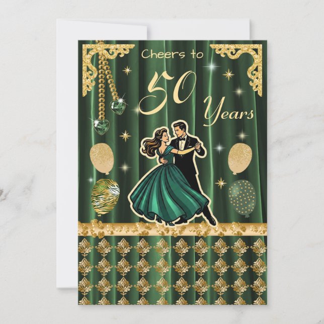 Invitación de cumpleaños número 50 dorado con pare (Anverso)
