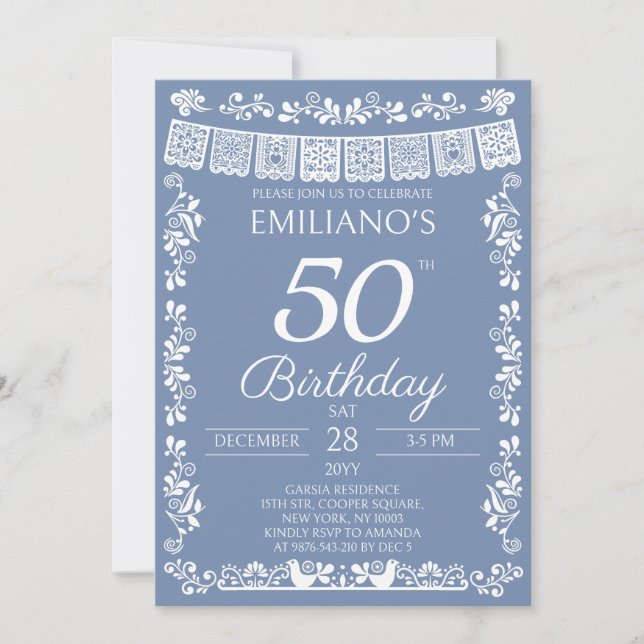 Invitación de cumpleaños número 50 Dusty Blue Fies (Anverso)