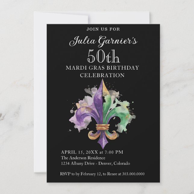 Invitación de cumpleaños número 50 elegante en neg (Anverso)
