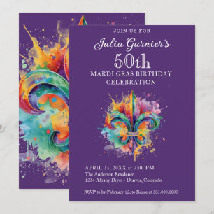 Invitación de cumpleaños número 50 elegante púrpur