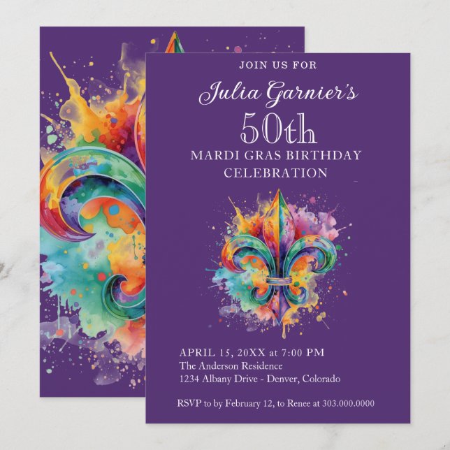 Invitación de cumpleaños número 50 elegante púrpur (Anverso / Reverso)