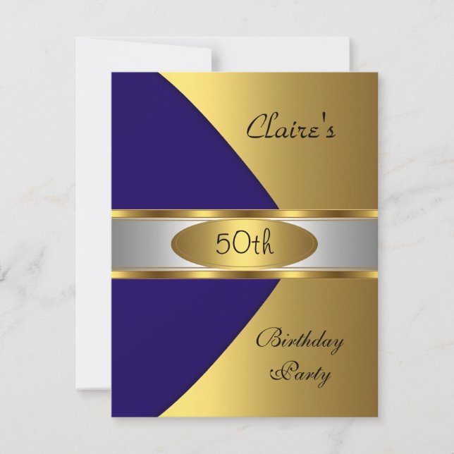 Invitación de cumpleaños número 50 en azul y oro n (Anverso)