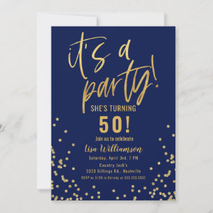 Invitación de cumpleaños número 50 en dorado y azu