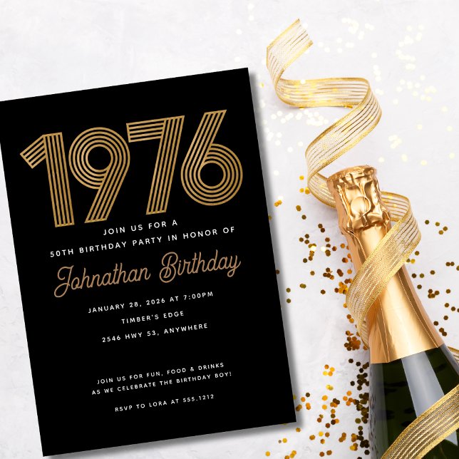 Invitación de cumpleaños número 50 en negro y fals (1976 Black and Faux Gold 50th Birthday Invitation)