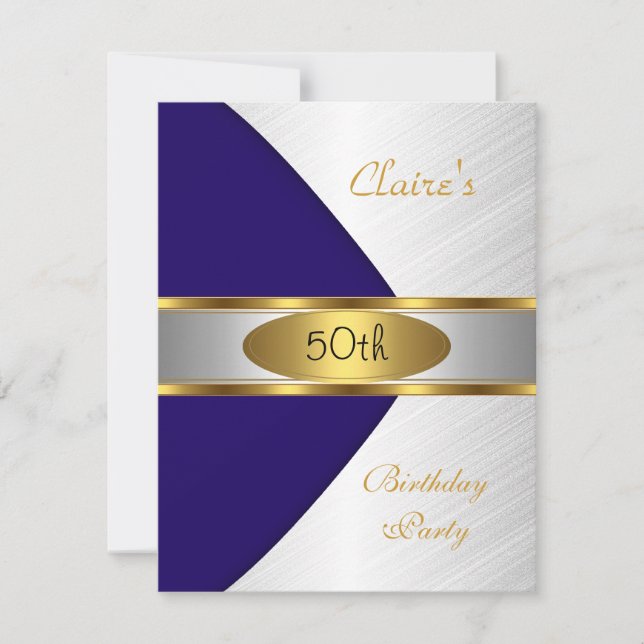 Invitación de cumpleaños número 50 en oro azul y b (Anverso)