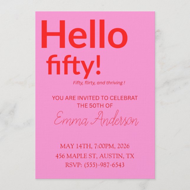 Invitación de cumpleaños número 50 en rosa rojo at (Anverso)