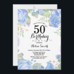 Invitación de cumpleaños número 50 floral azul bot<br><div class="desc">Invitación de cumpleaños número 50 floral azul botánica. Invitación de cumpleaños con peonías rosadas florales para mujeres. Flor de agua floral. Flores elegantes de rosa y peonía. Cumpleaños adulto. Fondo blanco. Blanco y negro. 13 15 16 18 20 21 30 40 50 60 70 80 90 100, cualquier edad. Para...</div>