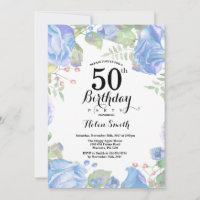 Invitación de cumpleaños número 50 floral azul bot