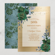 Invitación de cumpleaños número 50 Green Gold Flor