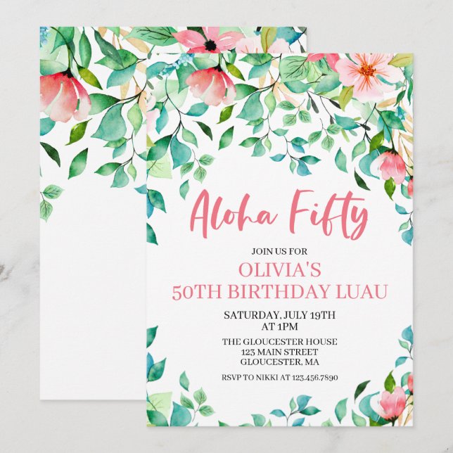 Invitación de cumpleaños número 50 Luau Tropical A (Anverso / Reverso)