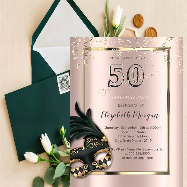 Invitación de cumpleaños número 50 Masque Rose Gol (Subido por el creador)