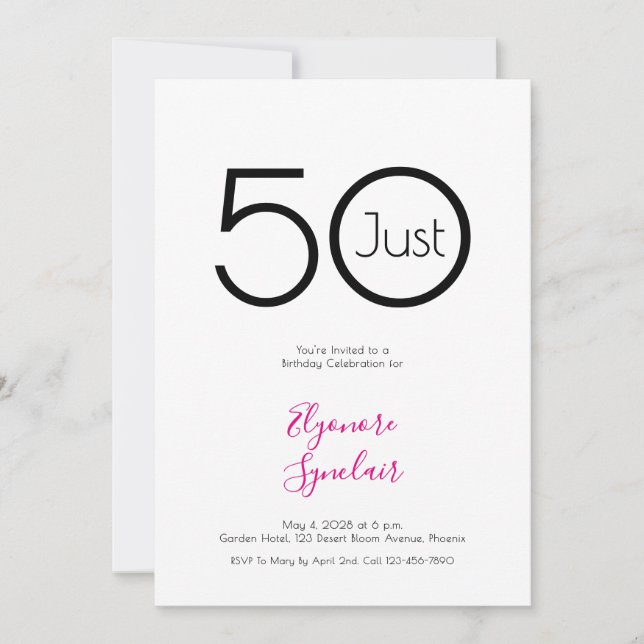 Invitación de cumpleaños número 50 Minimal Just Fi (Anverso)