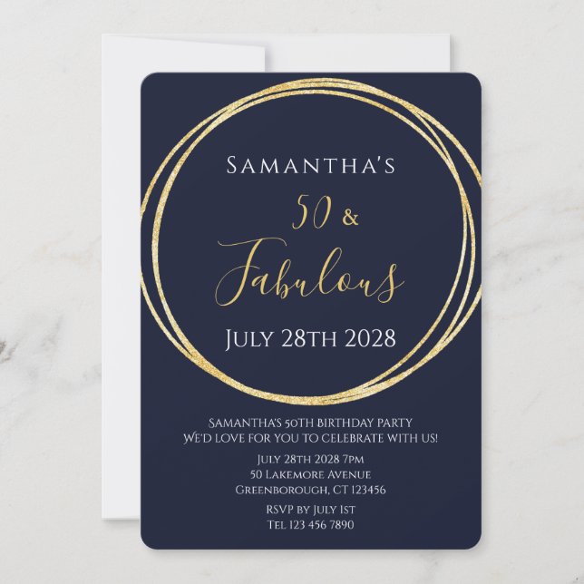 Invitación de cumpleaños número 50 Navy Gold (Anverso)