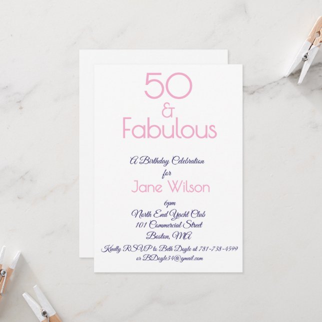 Invitación de cumpleaños número 50 Navy y Rosa (Anverso/Reverso In Situ)