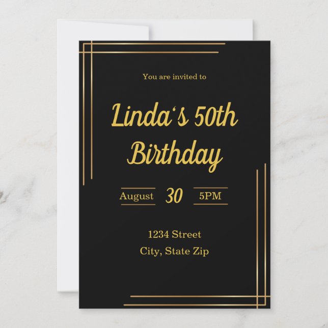 Invitación de cumpleaños número 50 - Negro y dorad (Anverso)