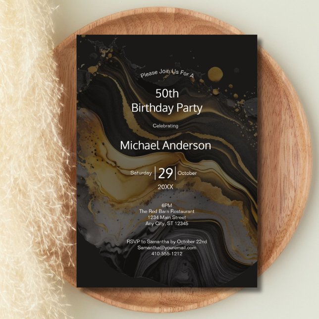 Invitación de cumpleaños número 50 para él con lav (Black Gold White watercolor wash 50th Birthday invitation for him. Edit for any year)