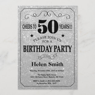 Invitación de cumpleaños número 50 Purpurina negro