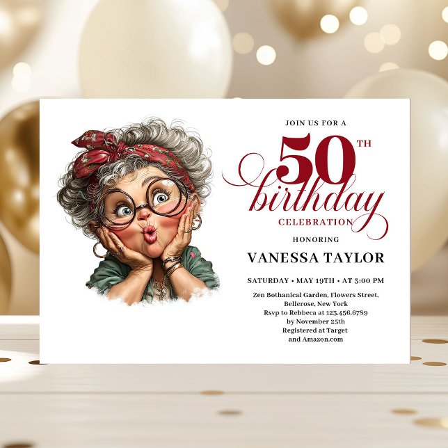 Invitación de cumpleaños número 50 retro divertida (Retro funny lady turning 50 birthday invitation)