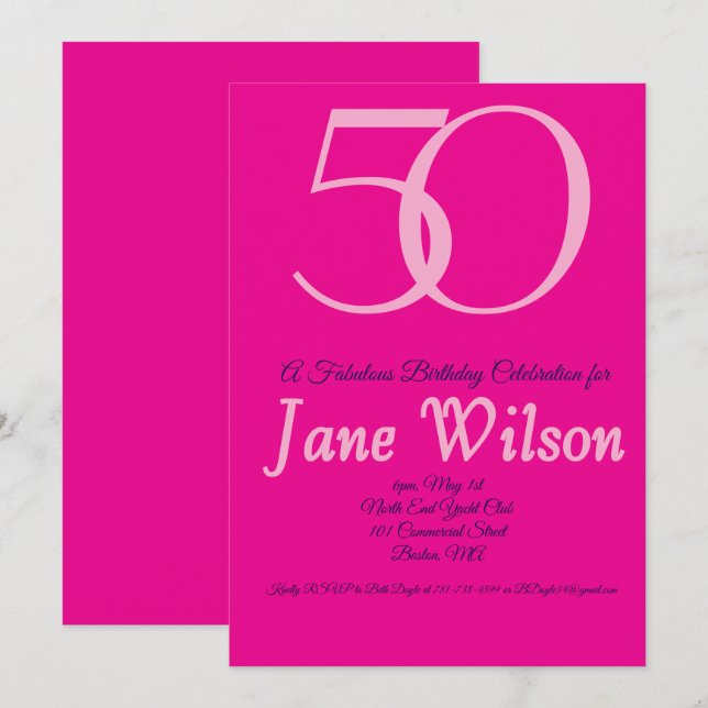 Invitación de cumpleaños número 50 rosa, blanca y  (Anverso / Reverso)