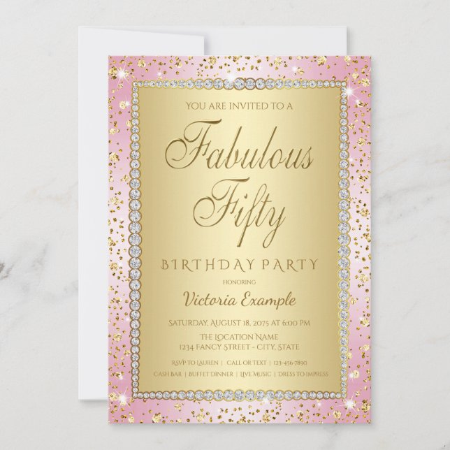 Invitación de cumpleaños número 50 rosa rubor y do (Anverso)