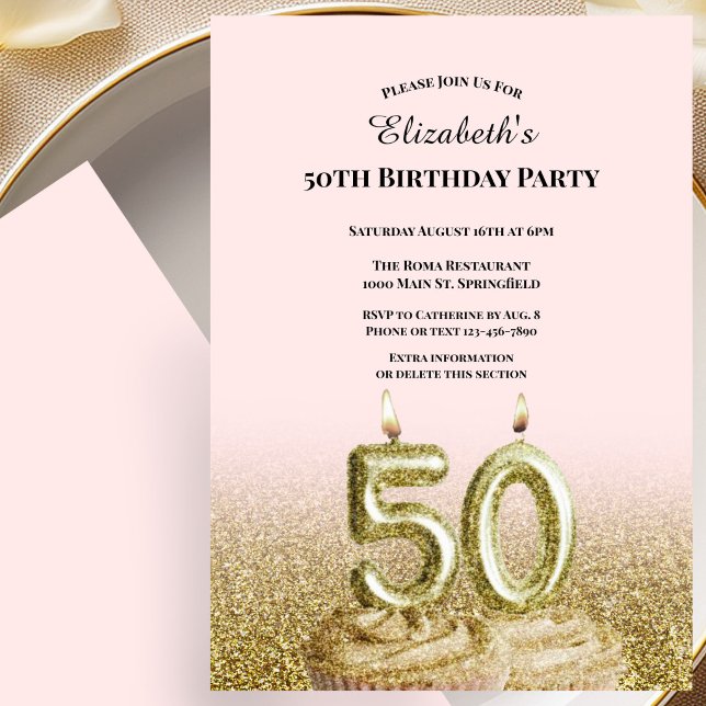 Invitación de cumpleaños número 50 rosa y dorada p (Subido por el creador)