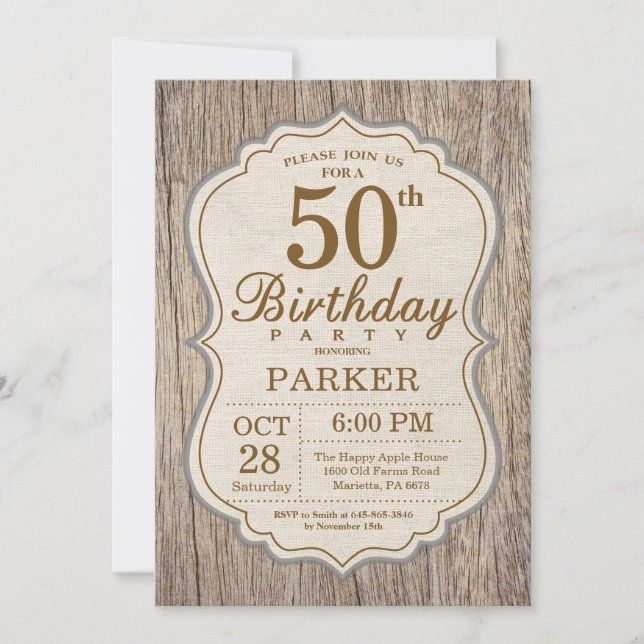 Invitación de cumpleaños número 50 rústica madera (Anverso)