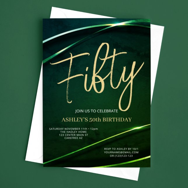 Invitación de cumpleaños número 50 verde dorado mo (Subido por el creador)