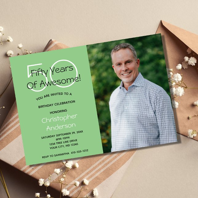 Invitación de cumpleaños número 50 verde para él c (50th Birthday party photo invitation for him.)