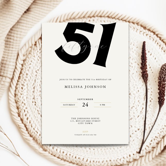 Invitación de cumpleaños número 51 minimalista - T (Minimal 51st birthday invitation with bold typography for man and woman)
