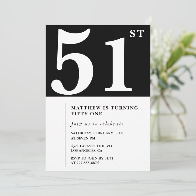 Invitación de cumpleaños número 51 negra Elegante  (Anverso de pie)