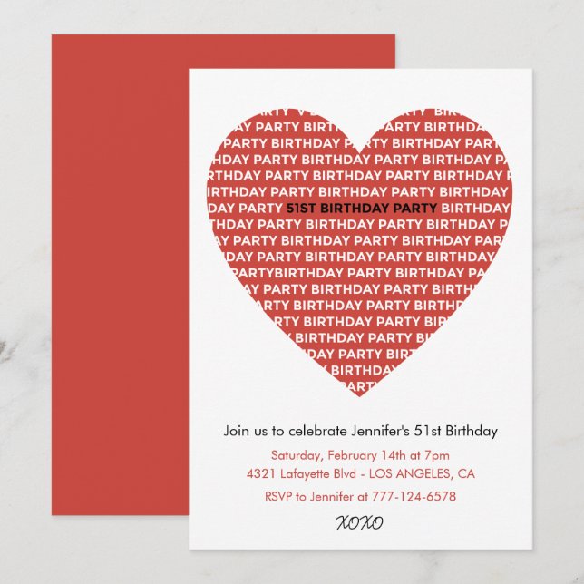 invitación de cumpleaños número 51 para niña xoxo  (Anverso / Reverso)