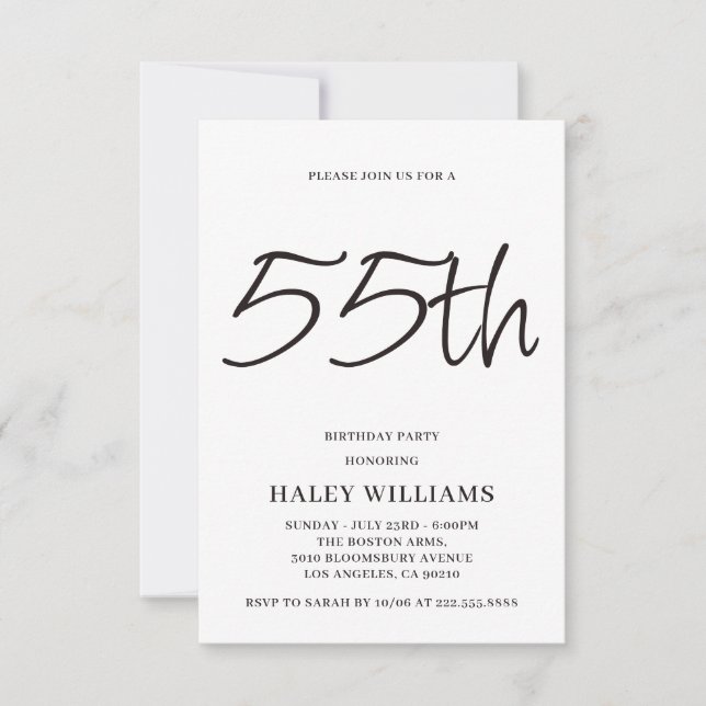 Invitación de cumpleaños número 55 con caligrafía  (Anverso)