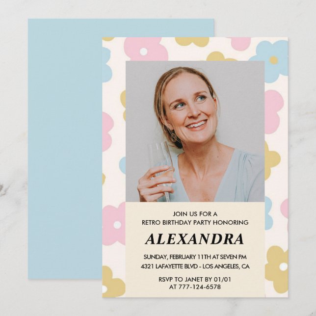 invitación de cumpleaños número 55 Flores Retro Gr (Anverso / Reverso)