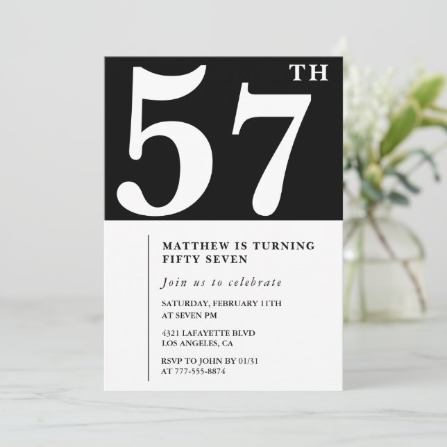 Invitación de cumpleaños número 57 negra Elegante  (Anverso de pie)