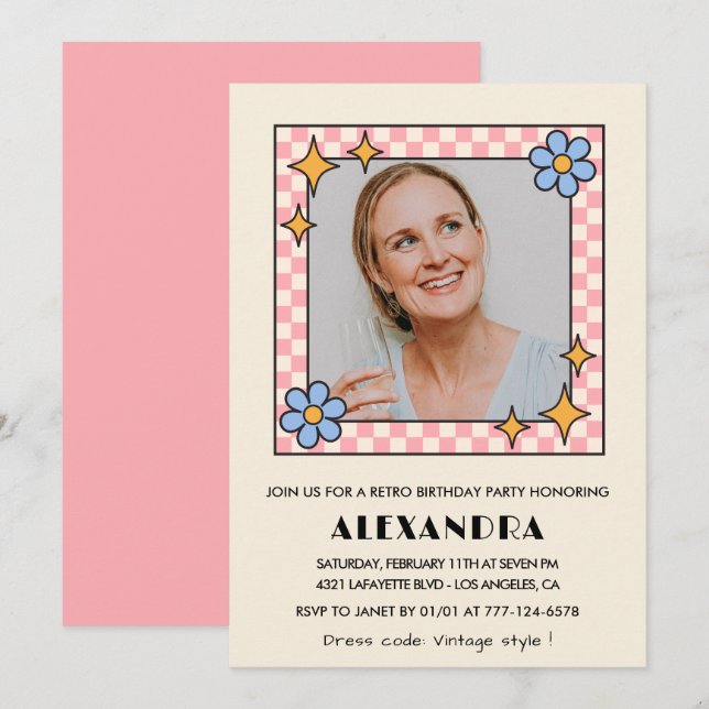 Invitación de cumpleaños número 58 con foto floral (Anverso / Reverso)