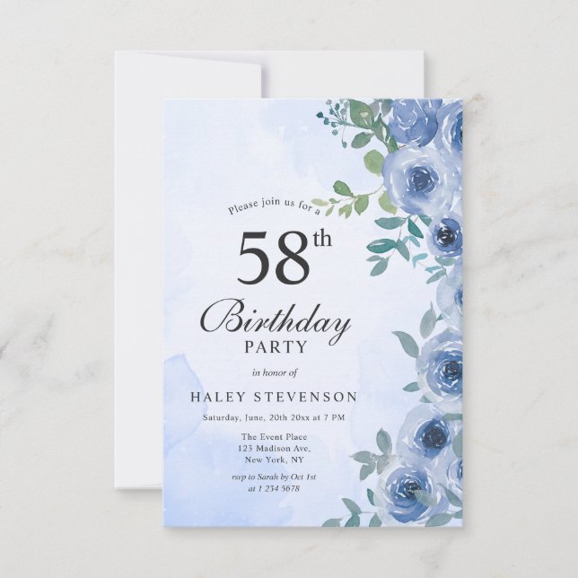 Invitación de cumpleaños número 58 Dusty Blue Wate (Anverso)