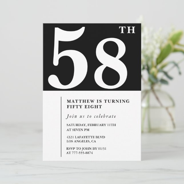 Invitación de cumpleaños número 58 negra Elegante  (Anverso de pie)