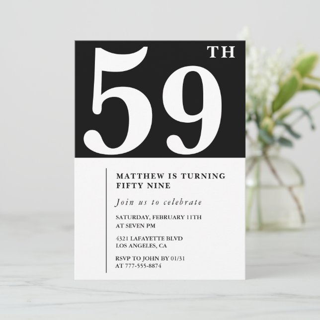 invitación de cumpleaños número 59 negra Elegante  (Anverso de pie)