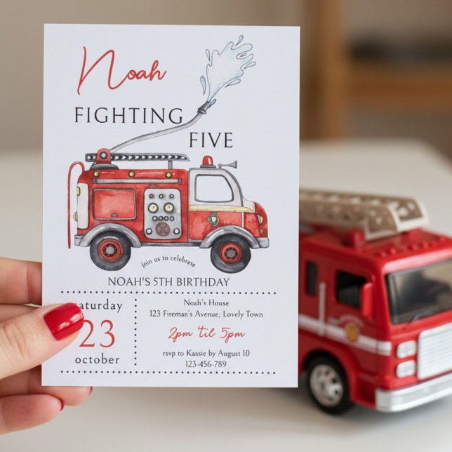 Invitación de cumpleaños número 5 Camión de Bomber (Fighting Five 5th  birthday invitation with red fire truck theme)