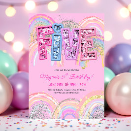 Invitación de cumpleaños número 5 con arcoíris