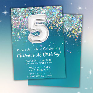 Invitación de cumpleaños número 5 con brillo teal