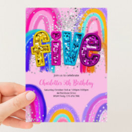 Invitación de cumpleaños número 5 con lentejuelas 